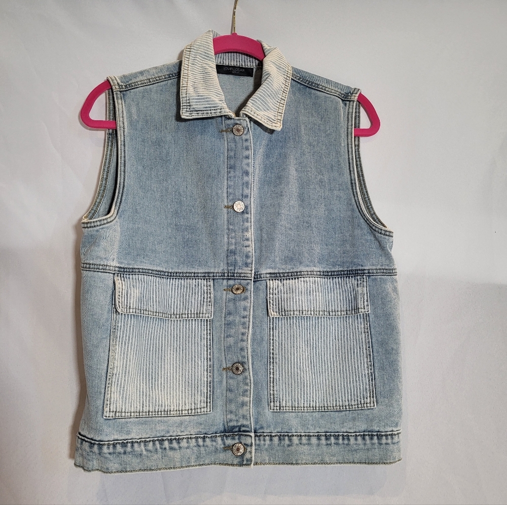 Loveu. Dear Denim Vest with Striped Pockets Collar Womans Size 1XL